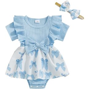MoZiKQin Baby Girl Outfit Newborn Romper Dress Ribbed Ruffle Bowknot Skirt Hem Jumpsuit Cute Summer Clothes+Headband