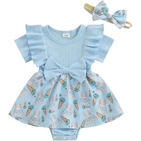 MoZiKQin Baby Girl Outfit Newborn Romper Dress Ribbed Ruffle Bowknot Skirt Hem Jumpsuit Cute Summer Clothes+Headband in Kuwait