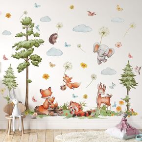 Woodland Animals Wall Stickers - Large Pine Tree Forest, Deer, Fox, Elephant, Squirrel Wall Art Decals for Baby Nursery, Kids Bedroom & Living Room