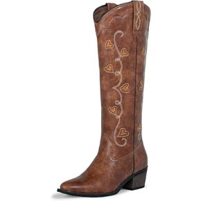 J's.o.l.e Women's Knee High Cowboy Cowgirl Boots Fashion Embroidered Wide Calf Snip Toe Western Brown Boot