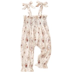 Infant Baby Girls Outfit Ruched Dandelion Print Jumpsuit Tie Up Sleeveless Romper Overall Pants Summer Clothes One Piece
