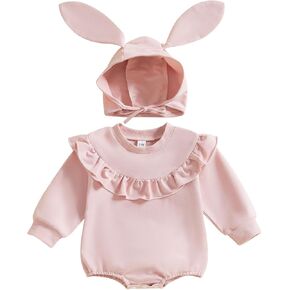 Baby Boy Girl Easter Bunny Outfit Cute Sweatshirt Romper Long Sleeve Bubble Romper with Rabbit Hat Easter Clothes