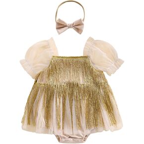 Kuriozud Newborn Baby Girl Summer Clothes Sequin Fringe Romper Dress Puff Short Sleeve Tulle Romper Cute Sparkling Clothes