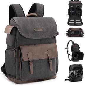 Cwatcun Canvas Camera Backpack, DSLR SLR Camera Bags for Photographers with Waterproof Rain Cover, Camera Case with Laptop Compartment & Tripod Holder for Canon Nikon Sony Fuji Camera & Lenses