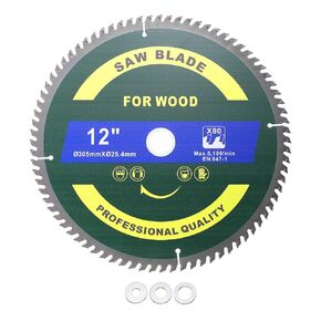 Circular Saw Blade - [12 Inch x 80 Teeth x 1 Inch Arbor] Tungsten Carbide Tipped Table Miter Saw Blades with 1 Inch to 5/8 Inch 1/2 Inch 3/8 Inch Washer Adapters | Blue