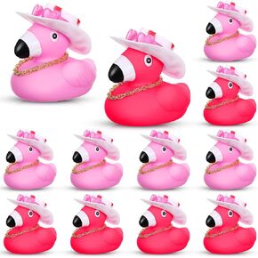 Sotiff 48 Pcs Valentine's Day Rubber Flamingo Set Includes 12 Pink Flamingo Rubber Ducks Squeaky Mini Pink Rubber Flamingo 12 Cowgirl Hat 12 Heart Sunglasses 12 Necklace for Car Decor Gift Party