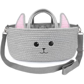 Baby Diaper Caddy Organizer, Gray Cat Woven Cotton Rope Diaper Caddy Basket for Newborn Boys and Girls, Portable Nursery Storage Basket for Changing Table, Baby Shower Gifts, Newborn Essentials