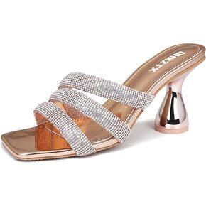 Women's Rhinestone Square Heeled Sandals Slip On Peep Toe Chunky Block Kitten High Heels Mules Slippers Slides Fashion Wedding Dress Backless Pump Shoes