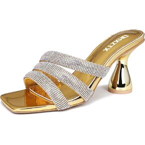 Women's Rhinestone Square Heeled Sandals Slip On Peep Toe Chunky Block Kitten High Heels Mules Slippers Slides Fashion Wedding Dress Backless Pump Shoes in Kuwait