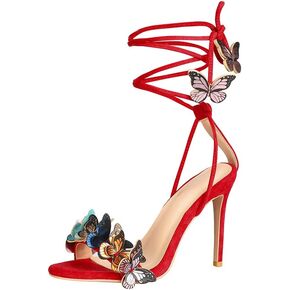 Arqa Strappy Sandals for Women Butterfly Ankle Wrap Stiletto High Heels Open Toe Suede Lace-up Heeled Sandal Wedding Bride Dressy Pumps
