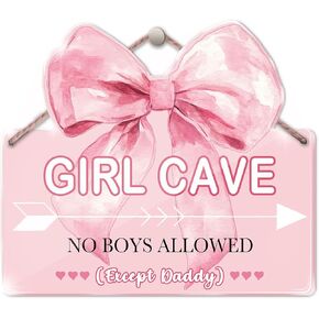 Girl Cave Sign - Pink Room Decor For Girls - Pink Acrylic Bow Wall Decoration - Pink Girls Decor for Bedroom Room - Pink Coquette Room Decor - Pink Gifts for Girls - Transparent Acrylic Hanging Sign