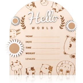 Wooden Baby Announcement Sign, Hello World Baby Sign Baby Announcement Plaque Newborn Baby Name Board Birth Announcement Sign for Baby Shower Gifts Photo Props Wall Decoration