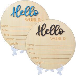 2pcs Baby Announcement Signs with Stand, 5.9 Inch Round Wooden Hello World Newborn Welcome Sign Birth Baby Name Plaques for Photo Props Baby Shower Hospital Nursery(Black, Blue)