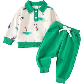Toddler Baby Boy Golf Outfit Golf Cart Print Lapel Polo Sweatshirt Pants Set 2pcs Cute Baby Golf Club Clothes Spring