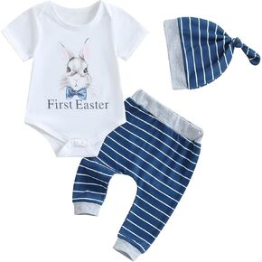 Newborn Baby Boy Easter Outfit First Easter Romper Bodysuit Striped Long Pants Hat Bunny Easter Clothes