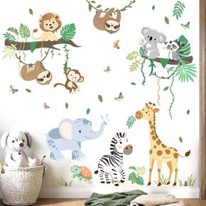 Baby Animals Wall Stickers for Nursery: Jungle Monkey Elephant Giraffe Lion Wall Decals - Kids Girls Boys Bedroom