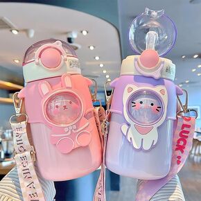 Kawaii Bear Water Bottles with Straw 20 oz Cute Water Bottle Portable LeakProof Stainless Steel Bottle With Shoulder Strap for Girls (Purple Cat)