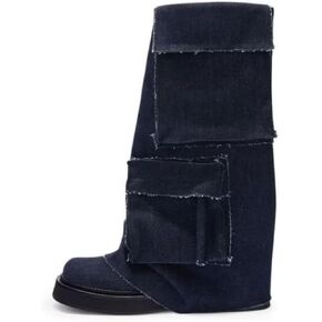Platform Mid-Low Heel Calf Boots for Women - Round Toe Cowgirl Pull-On Chunky Booties for Wide Calf