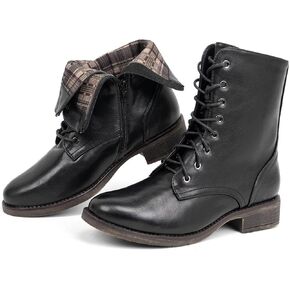VJH confort Women's Mid Calf Boots Lace-up Military Combat Low Heel Booties with Zipper