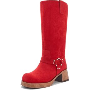 Womens Knee High Biker Boots Square Toe Block Heel Studded Straps Ridding Boot Fashion Motorcycle Side Zipper Tall Boots