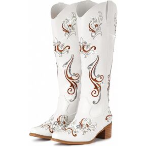 IUV Cowboy Boots for Women Sparkly Rhinestone Cowgirl Boots with Embroidery,Pointed Toe Chunky Knee High Western Boots