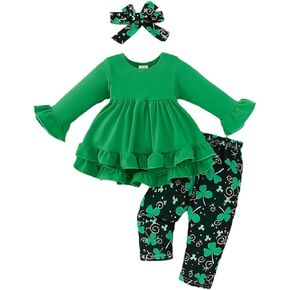 GOOCHEER Toddler Baby Girl St Patricks Day Outfit Clover Ruffle Long Sleeve Tunic Dress Tops Pants Set Infant Irish Clothes