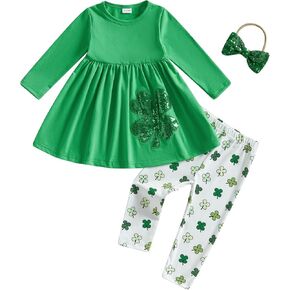 GOOCHEER Toddler Baby Girl St Patricks Day Outfit Clover Ruffle Long Sleeve Tunic Dress Tops Pants Set Infant Irish Clothes