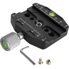 70mm Quick Release Clamp Compatible with Arca Swiss Style Plate, Aluminium QR Clamp with 1/4-3/8" Screw Adapter, Bubble Level and Adjustable Lever Knob for Tripod Ball Head