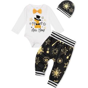 My First New Years Baby Boy Outfit 2025 White Long Sleeve Romper Fireworks Star Print Pants Hat 3-Piece Set