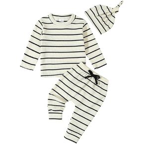 Newborn Baby Boy Girl Black and White Striped Outfit Long Sleeve Sweatshirt Pullover T-shirt Pants Hat 3Pcs Clothes