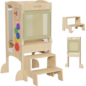 Foldable Toddler Tower, Toddler Kitchen Stool Helper with Step Stool, Wooden Standing Tower with Montessori Activity Games, 2 Adjustable Heights, Learning Tower with Safety Net for 1-3 Year Old Kids