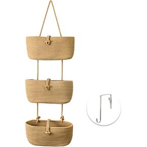 Hanging Baskets for Organizing - 3 Tier Woven Wall Storage Basket, Nursery Decor Hanging Basket, Decorative Over Door Storage, Wicker Behind Door Organizer, Cotton Rope Boho Room Decor, Jute