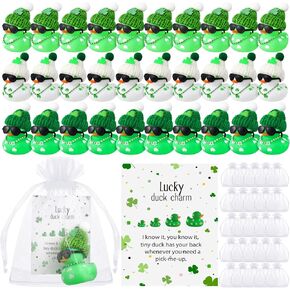 200 Pcs St. Patrick's Day Party Favors 50 Pcs St. Patrick's Day Rubber Ducks 2 Inch Sunglass Shamrock Duck for Bath Pool 50 Pcs Clover Card 50 Pcs Organza Bags 50 Duck Hat for St. Patrick's Day Gift