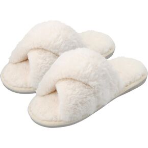 Women's Fuzzy Slippers Cross Band Memory Foam House Slippers Open Toe - MEDIUM, 4 pairs