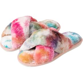 Womens Cross Band Slippers Cozy Furry Fuzzy House Slippers Open Toe Fluffy Indoor Shoes Outdoor Slip on Warm Breathable Anti-skid Sole