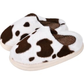 Cow Print Fuzzy Plush Slippers for Women Men, Non-Slip Fluffy Winter House Shoes, Indoor Soft Warm Faux Fur Lining Bedroom Slides