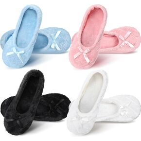 Geyoga 4 Pairs Women's Ballerina House Slippers with Satin Bow Tie Non Slip Bedroom Slippers Socks Warm Ballet Style Slippers for Indoor Home wedding winter Birthday Gifts, 4 colors