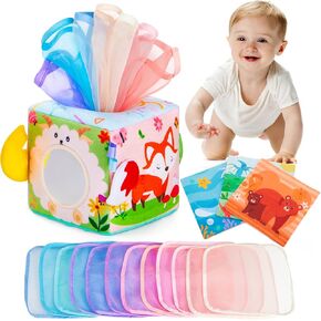 Baby Tissue Box Toy Montessori Toys for Infant 6,9,12,18 Months Sensory Tissue Box Toy with Mirror,Textured Tails,Squeaky Sounds for Boys&Girls Toddler Early Learning