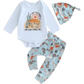 Western Newborn Baby Boys Cowboy Outfits Cow Print Letter Bodysuit+Long Leggings+Cap 3pcs Infant Boy Country Clothes (W Long Sleeve Cactus, 3-6 Months)