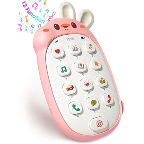 Baby Cell Phone Toy with Early Education & Music for Boy Girl Gifts, Baby Toys Sensory Rabbit Learning Phone with Multi Sound Effects, Teething Music Toys for Babies, Pink