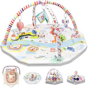 8-in-1 Baby Play Gym Mat & Tummy Time Activity Mat & Ball Pit & Soft Play Mat with 5 Detachable Toys and Tummy Time Pillow for Sensory Exploration and Motor Skill Development
