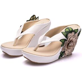ZOOGEM Women's Embroidery Slides Wedge Sandals Hawaii Beach People Wedge Sandal Open Toe Bohemia Sandals Summer slippers (White-gray,8.5)