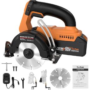 Cordless Tile Saw, 18V 4-3/8-Inch Brushless Handheld Wet Tile Saw w/ 4.0 Ah Battery, Diamond Blade, Adjustable Cutting Depth, Power Masonry Saw for Granite Porcelain Mable cutting