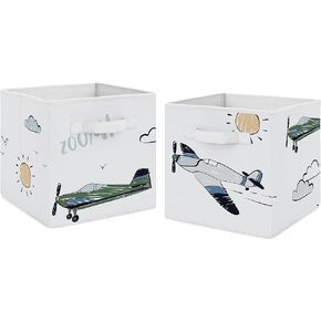 Sweet Jojo Designs Vintage Airplane Boy Collapsible Fabric Storage Cubes Foldable Bins Organizer Boxes Kids Baby Childrens Toys (Set of 2) Grey Green Blue White Yellow Airplanes Plane Transportation