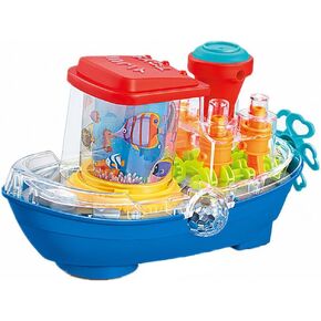 Transparent Gear Steamship Toy for Kids, Light-up Electric Ship Toy Toddler Car Toy Steamer Toy 3D Gear Steamboat Crawling Toy for Babies with Lights and Music