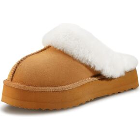 WaySoft Genuine Australian Sheepskin Women Platform Slippers, 100% Shearling Platform Indoor and Outdoor Fluffy Wool Slippers