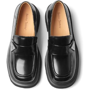 BEAU TODAY Womens Platform Loafers, Chunky Loafers for Women, Comfortable Slip-on Genuine Leather Loafers, Business Casual Chunky Heel Round Toe Dress Shoes in Kuwait