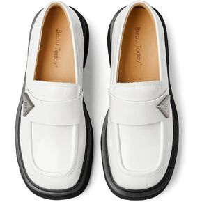 BEAU TODAY Womens Platform Loafers, Chunky Loafers for Women, Comfortable Slip-on Genuine Leather Loafers, Business Casual Chunky Heel Round Toe Dress Shoes