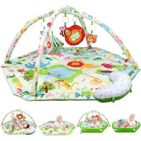 Baby Play Mat,Tummy Time Mat with 6 Detachable Toys-Baby Play Gym for Visual,Auditory,Sensory and Motor Development-Washable Baby Activity Mat for 0-3-6-9-12 Month Infants-Animal