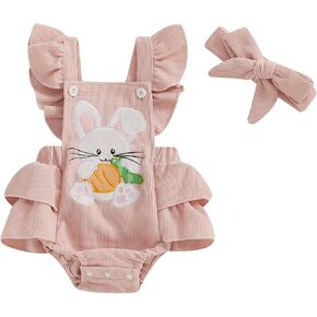 Baby Girls Easter Overall Romper Bunny Embroidered Flutter Sleeve Layered Ruffled Jumpsuit Headband Outfits